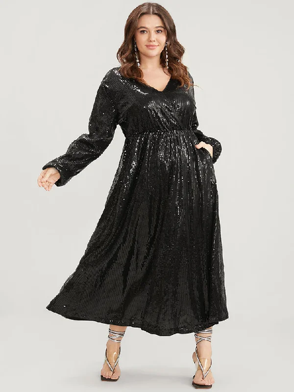 Comfort First Women's Wear Solid Lantern Sleeve Pocket Wrap Sequin Maxi Dress