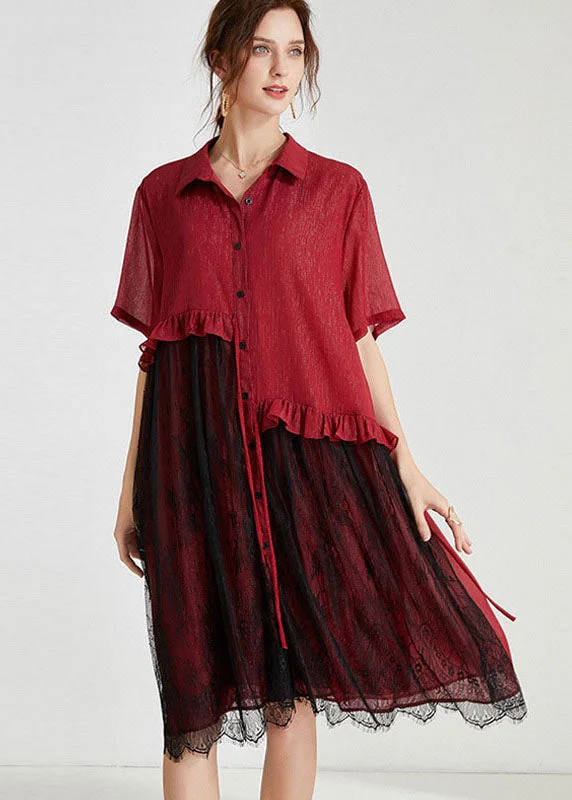 Explore What's New Fashion Red Peter Pan Collar Lace Patchwork Tasseled Chiffon Day Dress Spring