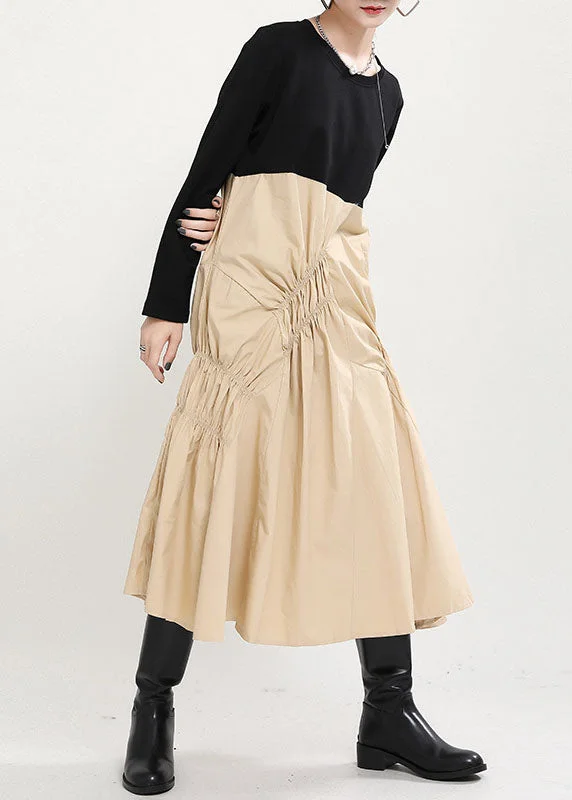 Women's Holiday Clothing Loose Black Patchwork Khaki wrinkled Fall Maxi Dress Long sleeve Women's Holiday Clothing Loose Black Patchwork Khaki wrinkled Fall Maxi Dress Long sleeve
