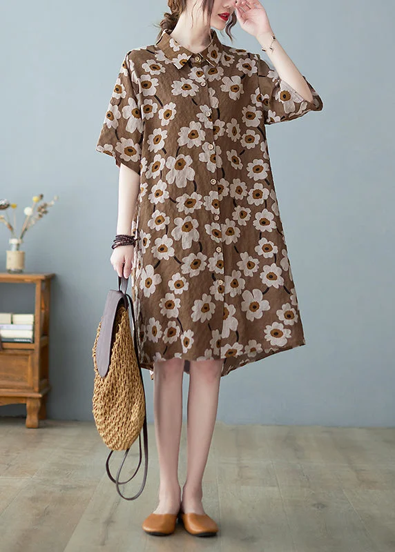 Boutique Dress Online Modern coffee Button Stand Collar Floral Print Party Dress Half Sleeve