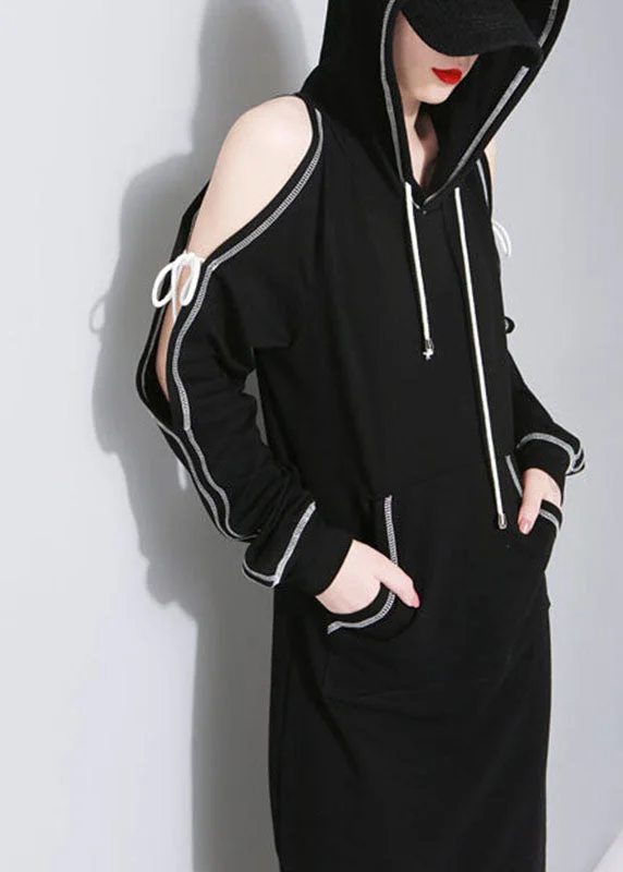Women's Occasion Wear Clothing New Black hooded Pockets asymmetrical design Fall Sweatshirts Dresses