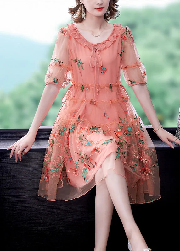 Vintage Clothing For Women Pink Hollow Out Chiffon Holiday Dress Lace Up Embroideried Summer Vintage Clothing For Women Pink Hollow Out Chiffon Holiday Dress Lace Up Embroideried Summer