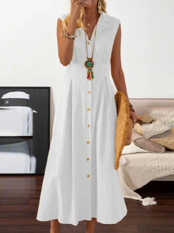 Women's Occasion Wear Clothing Lapel Vintage Button Sleeveless Dress