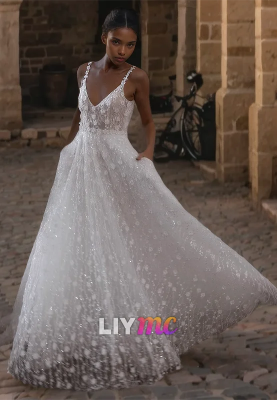 Women's Vintage-Inspired Clothing V-Neck Straps Appliques Tulle A-Line Beach Wedding Dress Women's Vintage-Inspired Clothing V-Neck Straps Appliques Tulle A-Line Beach Wedding Dress
