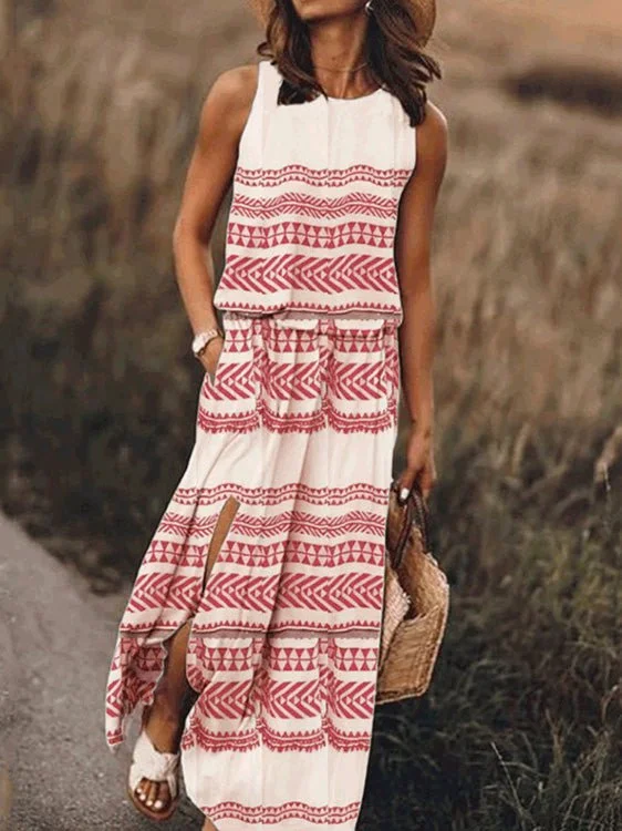 Women's Clothing Sets Casual Crew Neck Printed Slit Dress