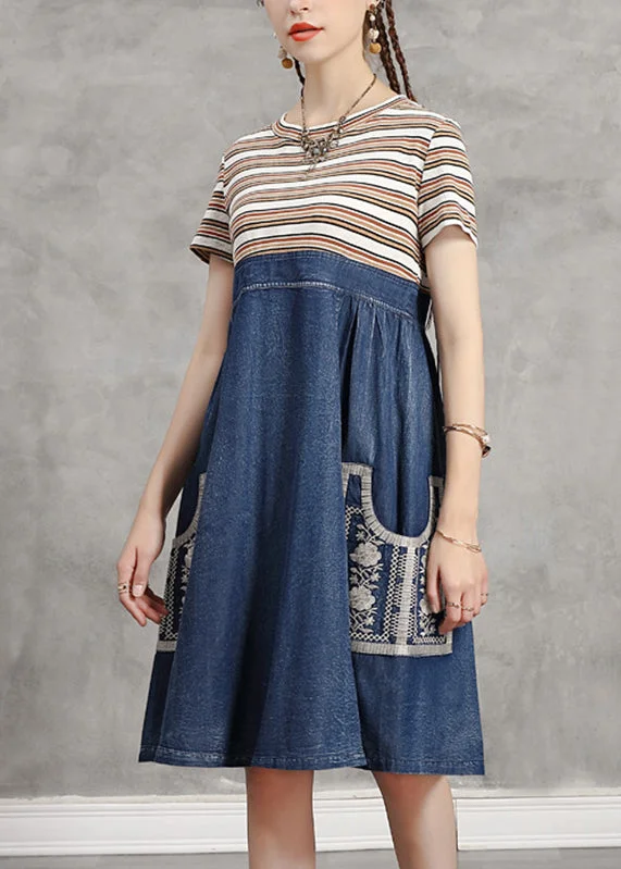 Fashion Frontiers Casual Blue O-Neck Striped Knit Patchwork Denim Mid Dress Short Sleeve