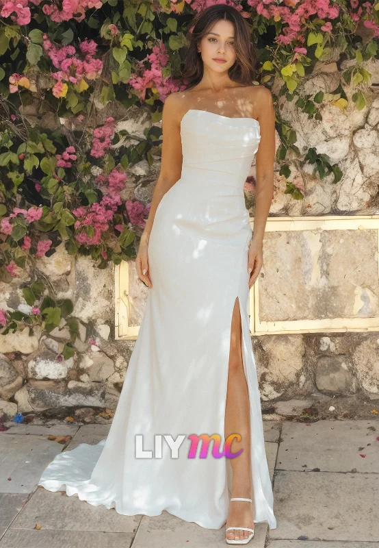 Women's Cozy Clothes Strapless Sleeveless Side Slit Simple Sheath Beach Wedding Dress Women's Cozy Clothes Strapless Sleeveless Side Slit Simple Sheath Beach Wedding Dress
