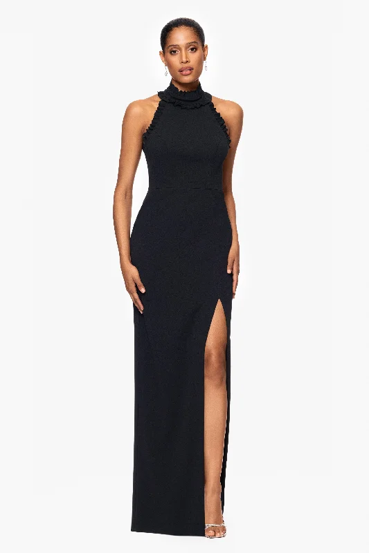 Fashion Forward "Shayla" Scuba Crepe Mock Neck Floor Length Dress