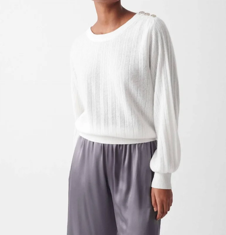 Comfortable Lounge Clothing Cashmere Rhinestone Button Pleated Sweater In Soft White