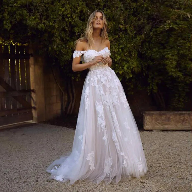 Women's Transitional Clothes Lace Wedding Dresses Off the Shoulder Appliques A Line Bride Dress Princess Wedding Gown Robe De Mariee Women's Transitional Clothes Lace Wedding Dresses Off the Shoulder Appliques A Line Bride Dress Princess Wedding Gown Robe De Mariee