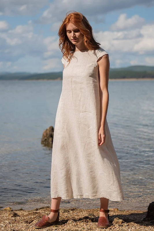 Women's High-Fashion Clothes Linen Midi Dress with Cap Sleeves