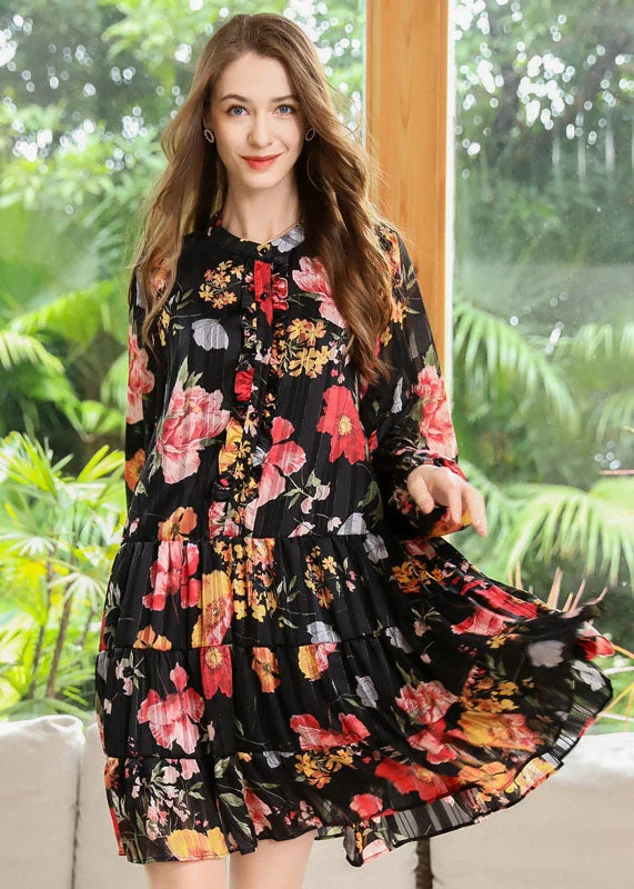 Fashion Essentials Women Black Stand Collar Patchwork Print Chiffon Pleated Dresses Spring