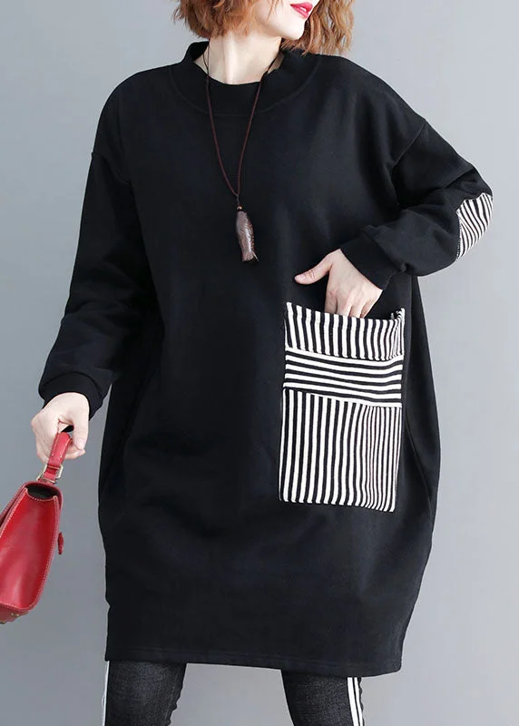 Women's Outerwear Clothing Elegant Black O-Neck Striped Patchwork Mid Dress Long Sleeve Women's Outerwear Clothing Elegant Black O-Neck Striped Patchwork Mid Dress Long Sleeve
