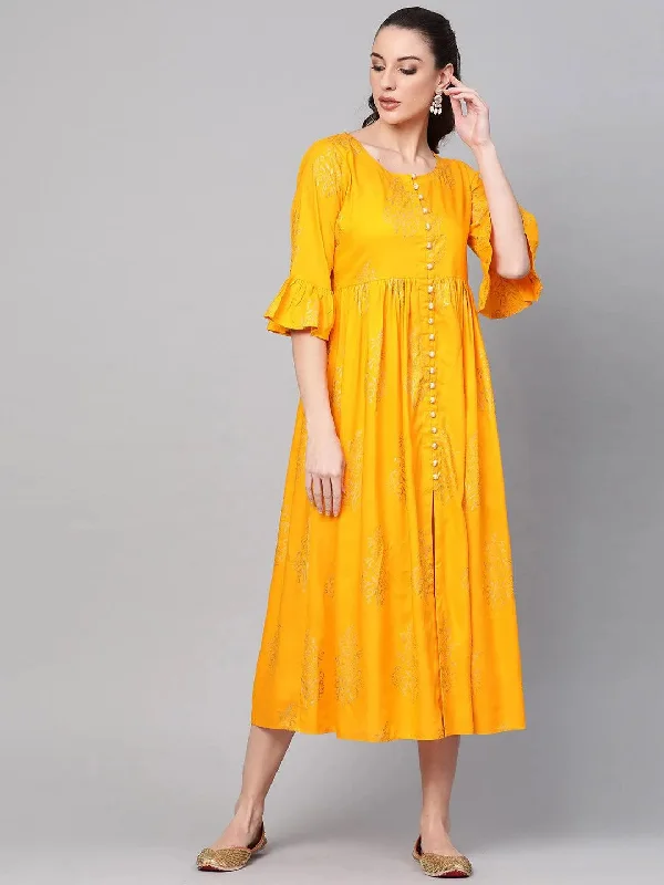 Elevate Your Wardrobe Yellow Printed Cotton Dress