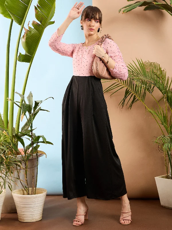 Women's Active Clothing Pink Polka Dot Sleeve Rouching Jumpsuit