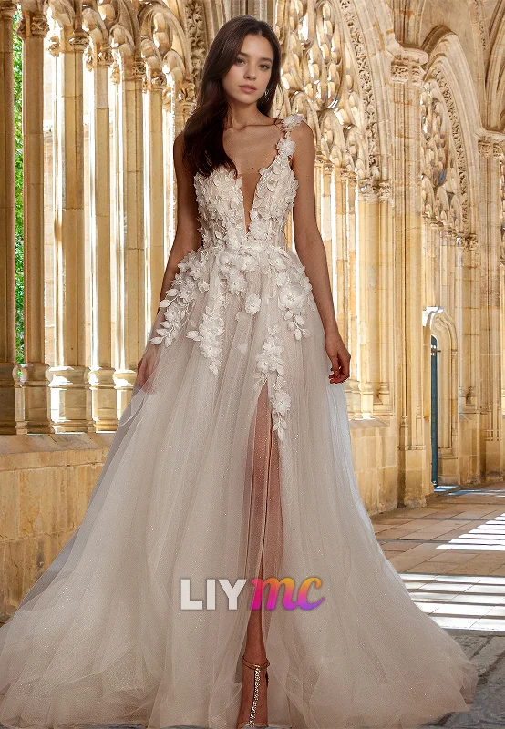 Women's Transitional Clothes V-Neck Spaghetti Straps Floral Embellished A-Line Wedding Dress Women's Transitional Clothes V-Neck Spaghetti Straps Floral Embellished A-Line Wedding Dress