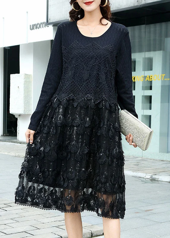 Women's Clothing For Work Modern Black Knit Patchwork Hollow Out Vacation Dresses Fall Women's Clothing For Work Modern Black Knit Patchwork Hollow Out Vacation Dresses Fall