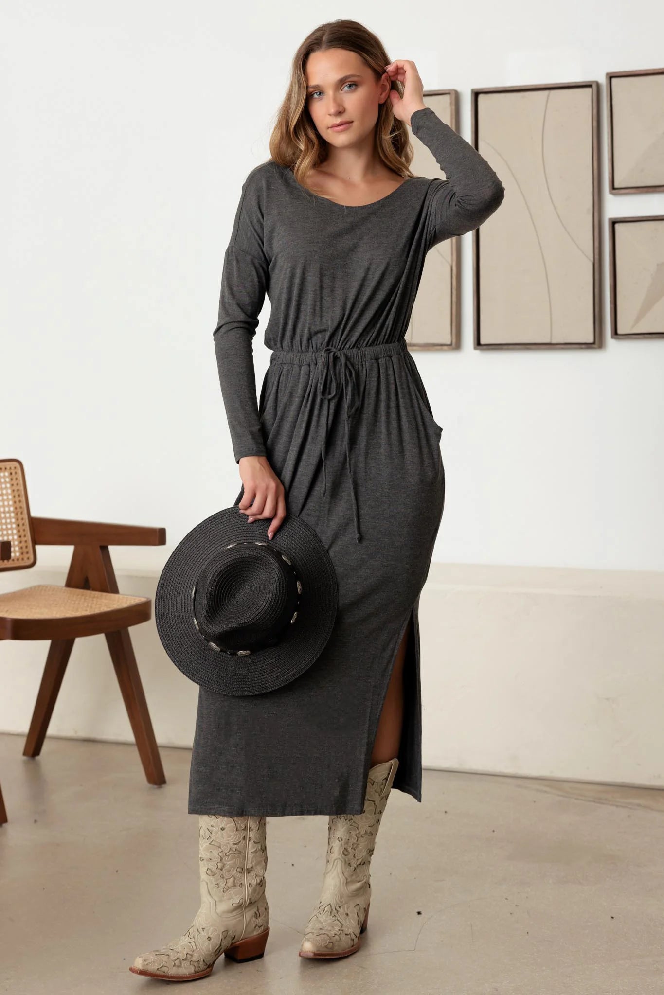 Affordable Women's Clothing Belted Long Sleeve Side Slit Basic Maxi Dress
