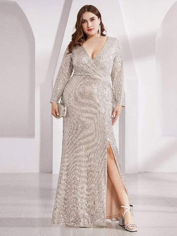 Women's Urban Clothing Shiny V Neck Plus Size Sequin Evening Party Dress with Long Sleeve Women's Urban Clothing Shiny V Neck Plus Size Sequin Evening Party Dress with Long Sleeve