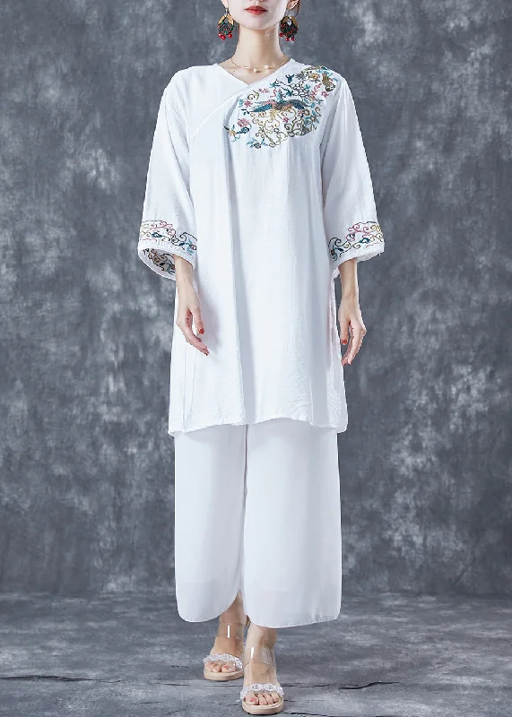 Holiday Discount Classy White Embroideried Side Open Linen Dress Bracelet Sleeve