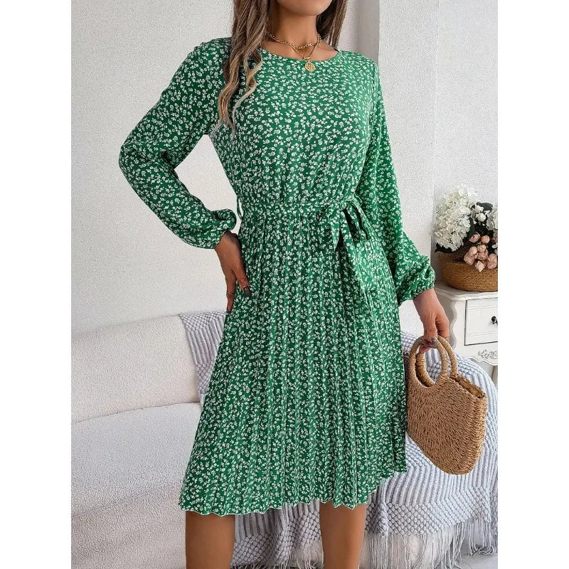 Women's Vintage Clothes Elegant Floral Print Full Lantern Sleeves Lace up Pleated Midi Dress Women's Vintage Clothes Elegant Floral Print Full Lantern Sleeves Lace up Pleated Midi Dress