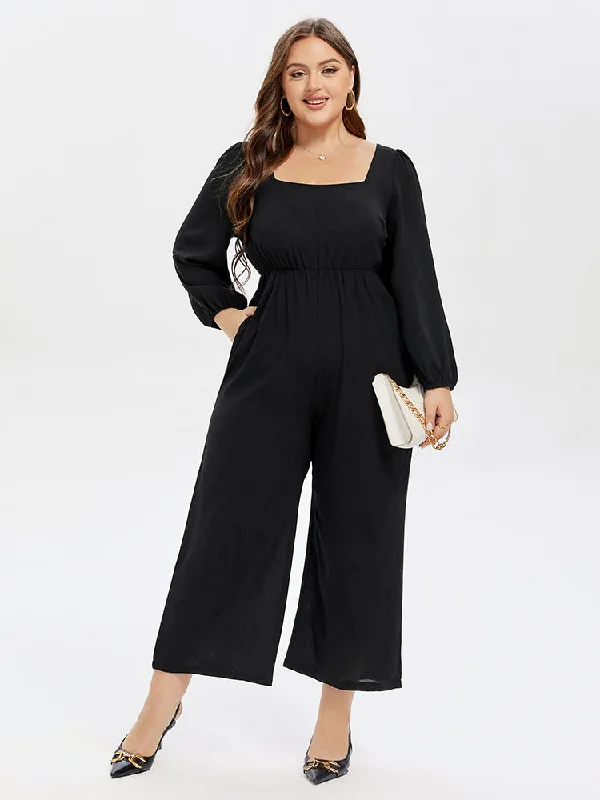 Sale On Clothing Square Neck Pocket Elastic Waist Jumpsuit