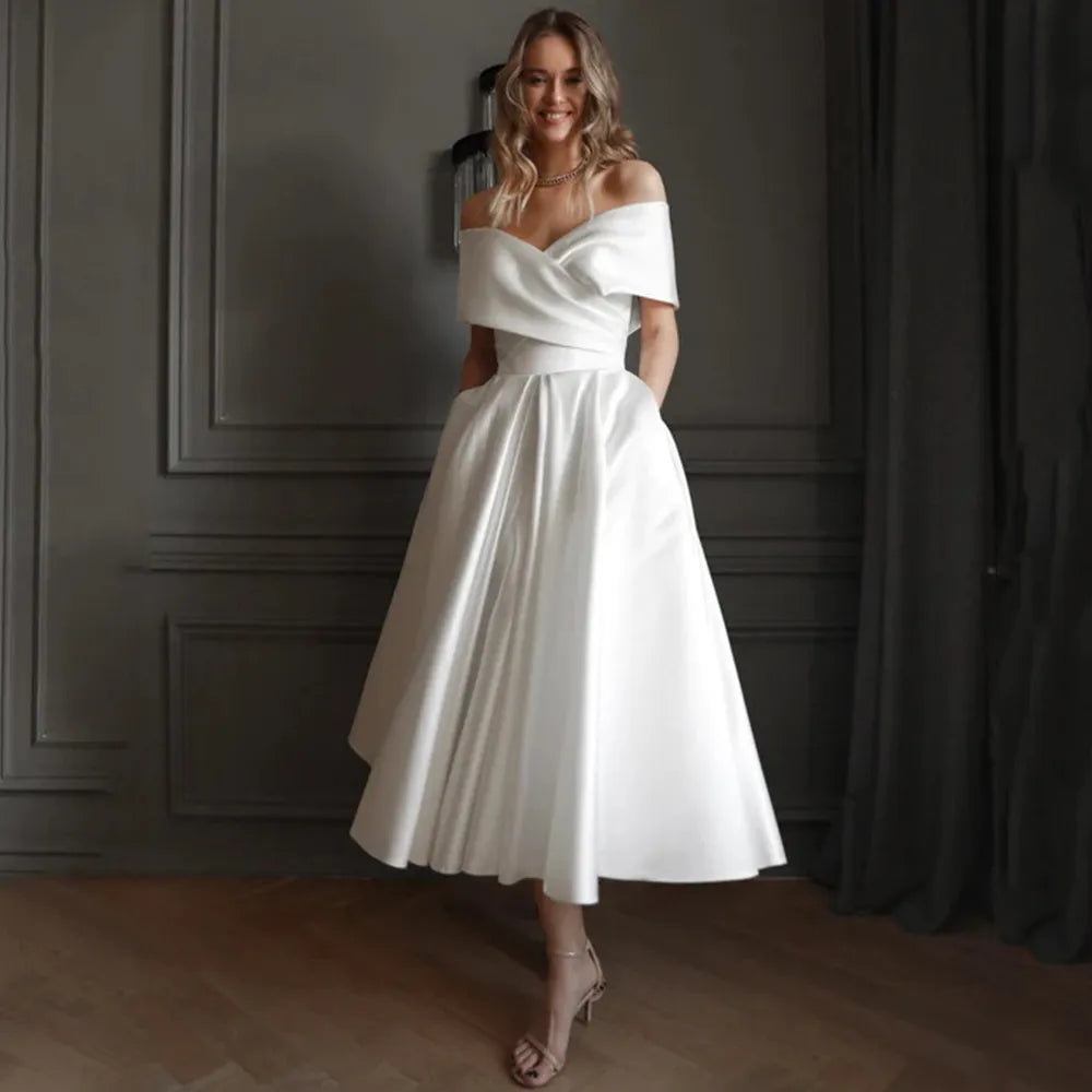 Women's Vintage Clothes Satin Off the Shoulder Wedding Dress Pleat A-Line Mid-Calf Bridal Lace Up Dresses with Pocket Sexy Back Civil Bride Custom Gown Women's Vintage Clothes Satin Off the Shoulder Wedding Dress Pleat A-Line Mid-Calf Bridal Lace Up Dresses with Pocket Sexy Back Civil Bride Custom Gown