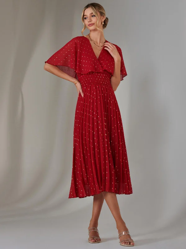 Women's Trendy Casual Clothes Metallic Spot Chiffon Pleated Dress, Dark Red