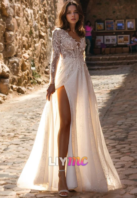 Women's Clothing For Travel V-Neck Long Sleeves Appliques A-Line Boho Wedding Dress Women's Clothing For Travel V-Neck Long Sleeves Appliques A-Line Boho Wedding Dress