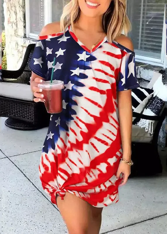 Women's Holiday Clothing Sexy Red Blue V Neck Independence Day Print Off The Shoulder Spaghetti Strap Mid Dress Short Sleeve Women's Holiday Clothing Sexy Red Blue V Neck Independence Day Print Off The Shoulder Spaghetti Strap Mid Dress Short Sleeve