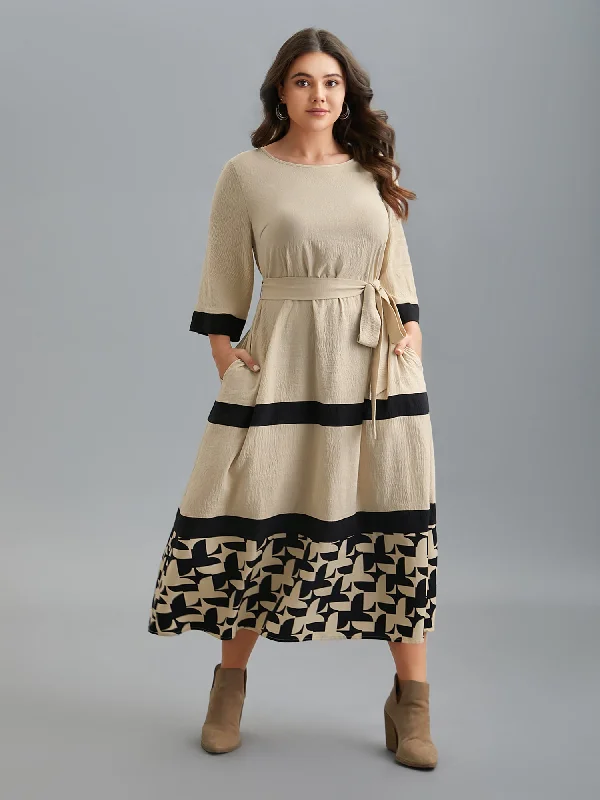 Relaxed Style Color-Block Belted Pockets Midi Dress