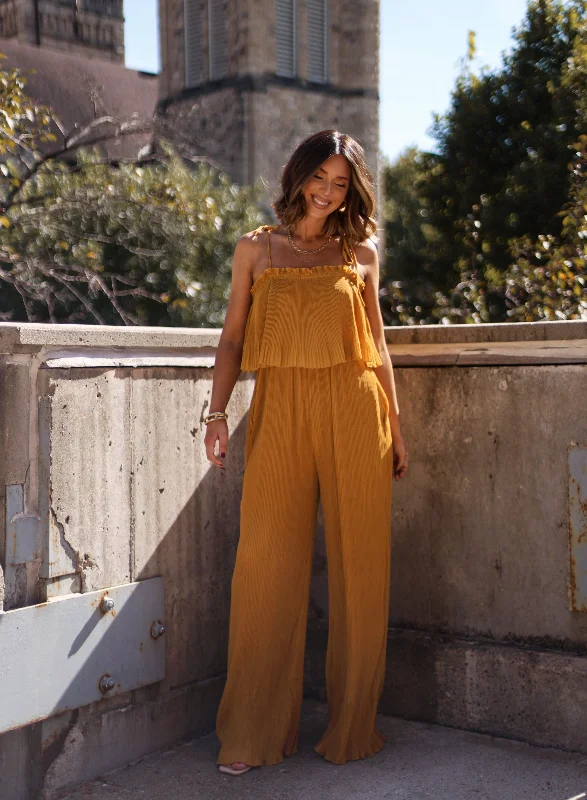 Women's Contemporary Clothing Mustard Pleated Jumpsuit