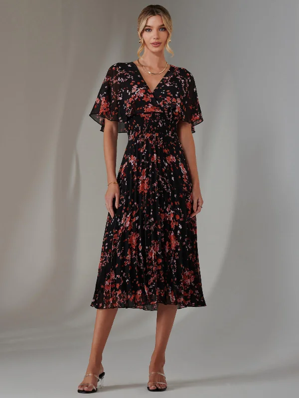 Formal Clothing For Women Floral Print Chiffon Pleated Dress, Black Red Floral