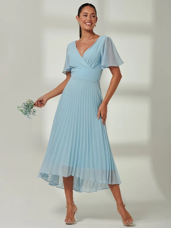 Women's Clothes For Special Occasions Elene Pleated High Low Chiffon Maxi Dress, Ice blue Women's Clothes For Special Occasions Elene Pleated High Low Chiffon Maxi Dress, Ice blue