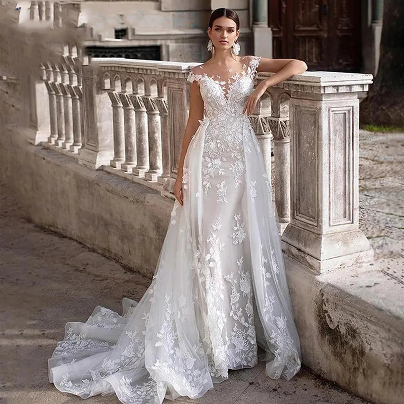 Women's Clothing For Work Mermaid 2 In 1 Wedding Dress Tulle Scoop Cap Sleeves Backless Lace Appliques Bridal Gowns With Detachable Train свадебное платье Women's Clothing For Work Mermaid 2 In 1 Wedding Dress Tulle Scoop Cap Sleeves Backless Lace Appliques Bridal Gowns With Detachable Train свадебное платье