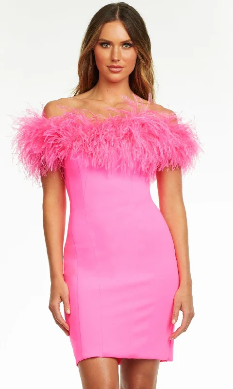 Fashion Frontiers Ashley Lauren - 4490 Off Shoulder Feather Short Dress