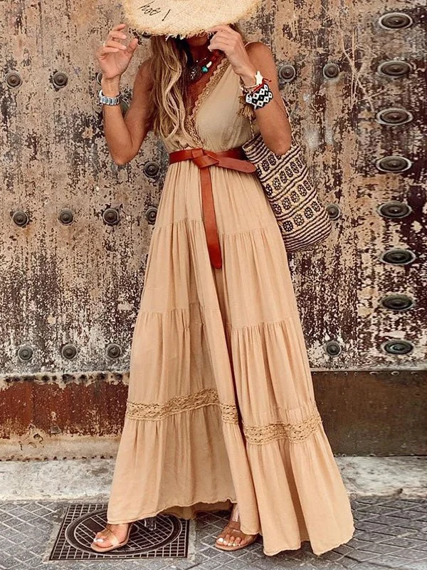 Affordable Women's Clothing Sling V-Neck Lace Panel Sleeveless Dress