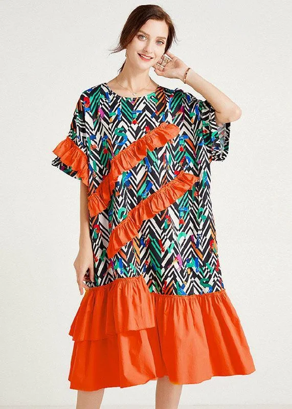 Women's Formal Clothes Elegant Orange Print Loose Ruffles Summer Long Dresses