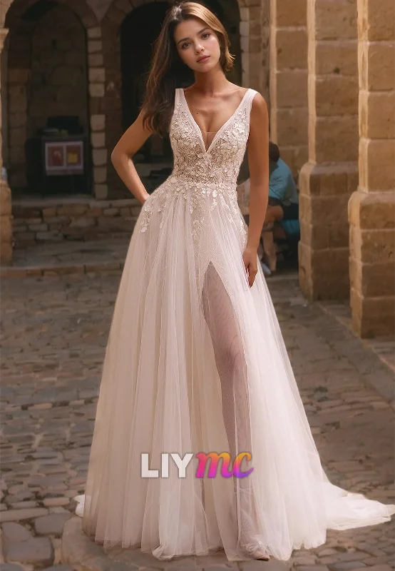 Sustainable Women's Clothes V-Neck Sleeveless Appliques Tulle A-Line Wedding Dress Sustainable Women's Clothes V-Neck Sleeveless Appliques Tulle A-Line Wedding Dress