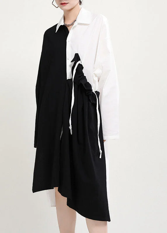 Women's Casual Clothing For Lounging Beautiful Black White Patchwork asymmetrical design Fall Dress Long sleeve Women's Casual Clothing For Lounging Beautiful Black White Patchwork asymmetrical design Fall Dress Long sleeve