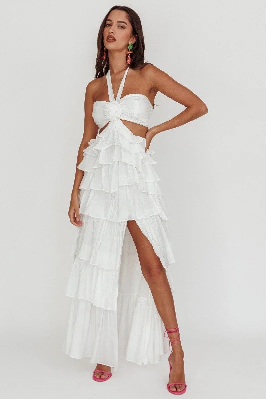 Unleash Your Fashion Morpheus Ruffle Halterneck Maxi Dress Off White