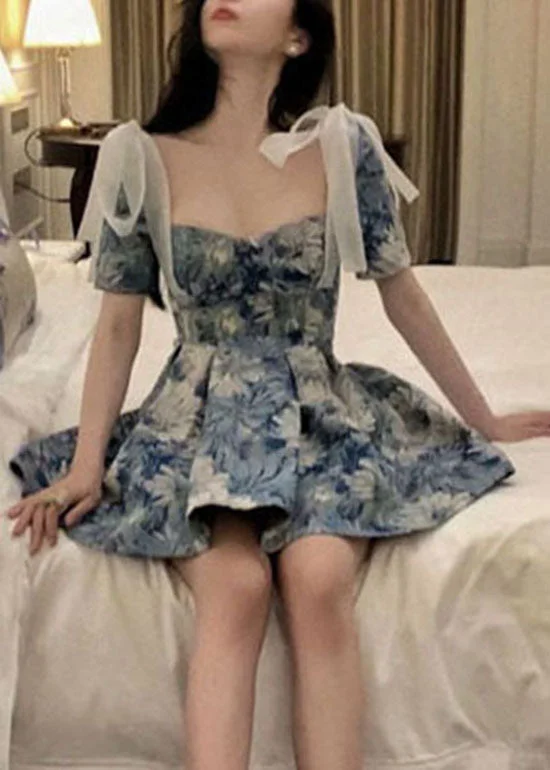 Women's Occasion Wear Clothes Slim Fit Blue Bow Cinched Print short Dresses Short Sleeve Women's Occasion Wear Clothes Slim Fit Blue Bow Cinched Print short Dresses Short Sleeve