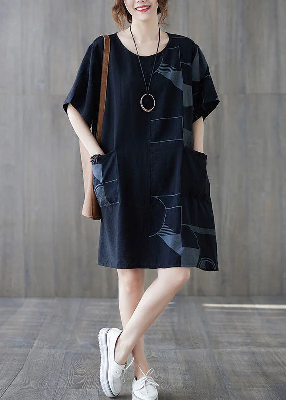 Women's Clothing Sale Online Loose Black O Neck Print Patchwork Cotton Mid Dress Summer