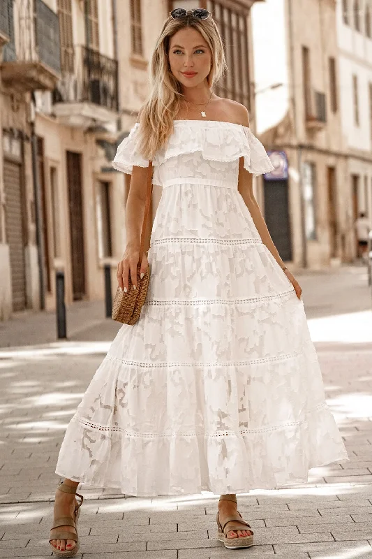 Trendy Threads White Off-the-shoulder Ruffled Lace Maxi Dress