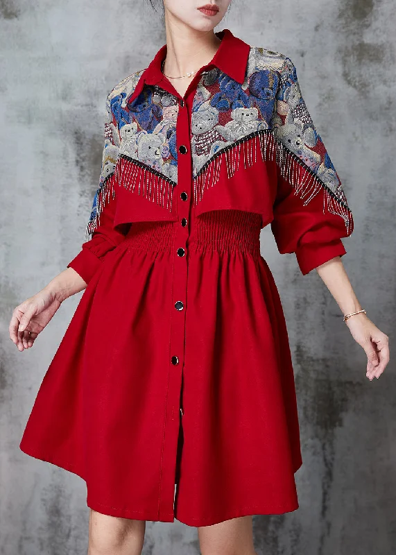 Women's Occasion Wear Clothes Red Patchwork Cotton Holiday Dress Tasseled Spring
