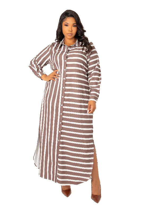 Fashionable Women's Clothing Mixed Stripe Maxi Shirt Dress