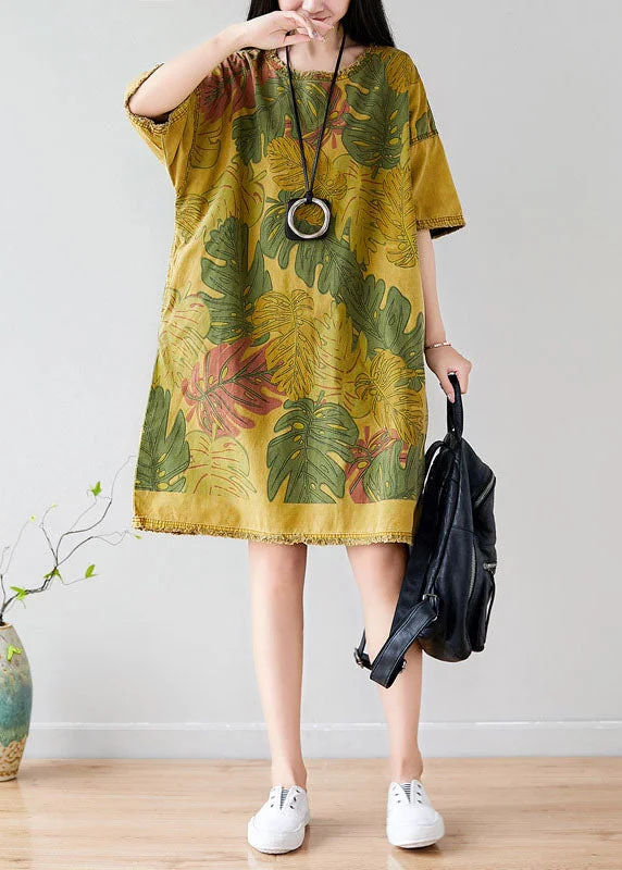 Plus-Size Women's Clothing French Yellow O-Neck Oversized Print Cotton Vacation Dresses Short Sleeve