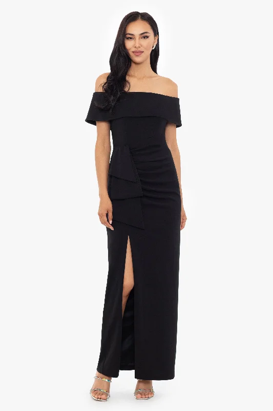 Trendy Casual Outfits "Camila" Long Off the Shoulder Scuba Crepe Dress