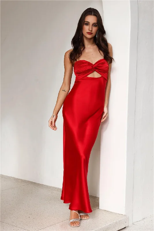 Sustainable Fashion Clothing For Women Curious Heart Satin Maxi Dress Red