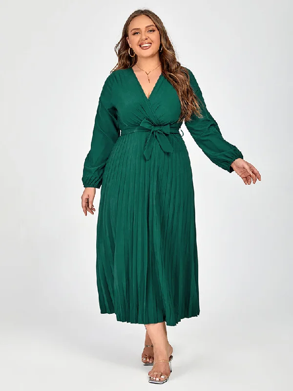 Stylish Outerwear Clothing For Women Plus V-Neck Belted Lantern Sleeve Maxi Dress